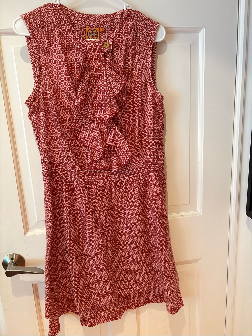 Tory Burch Red Geometric Ruffle Midi Dress
